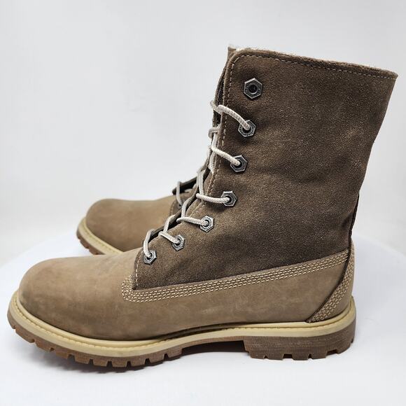 Timberland Teddy Fleece Fold Down Boots Women 7 Taupe Leather Waterproof Lace-up - Picture 12 of 16